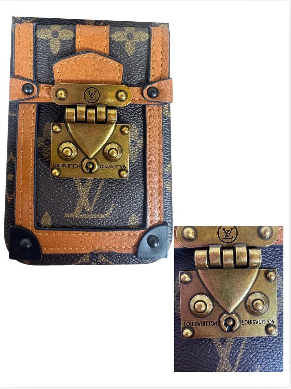 PHONE CASE: Brown & Tan LV Monogram Trunk-Style iPhone 15 Plus, NWOT